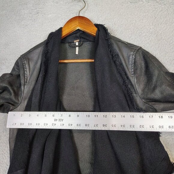 Free People Moto Jacket Women's 6  Black Waxed Denim Drape Front Crop Biker - Picture 11 of 12